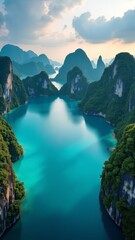 Obraz premium A serene and majestic natural wonder, characterized by towering karst formations and crystal-clear turquoise waters