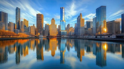 Fototapeta premium A vibrant urban skyline with towering reflective buildings and modern office skyscrapers, emphasizing contemporary city life.