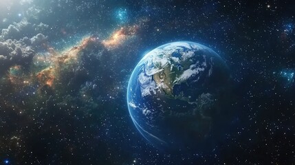 Obraz premium A view of Earth from orbit, showing swirling clouds, deep blue oceans, and a star-filled cosmos in the background.