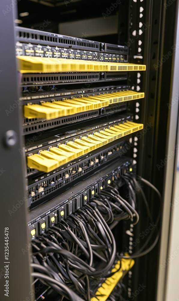 Poster server rack with cables and network equipment in data center
