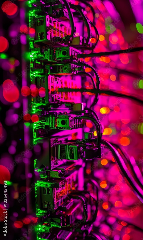 Poster server rack with blinking lights in data center, ideal for tech backgrounds