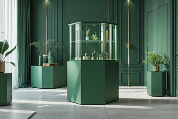 Green Pedestal Showcase on Minimalistic Floor with Stylish Background and Presentation Area