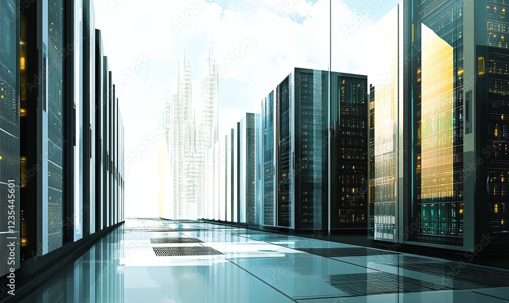 Aufkleber server room corridor with city view, ideal for tech and data center concepts