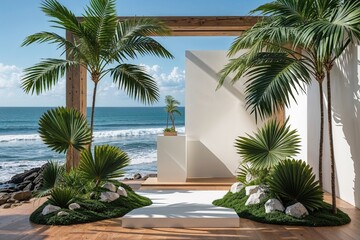 Fototapeta premium Artistic Installation for Product Exhibit Featuring Palm Leaves and a Coastal Seascape