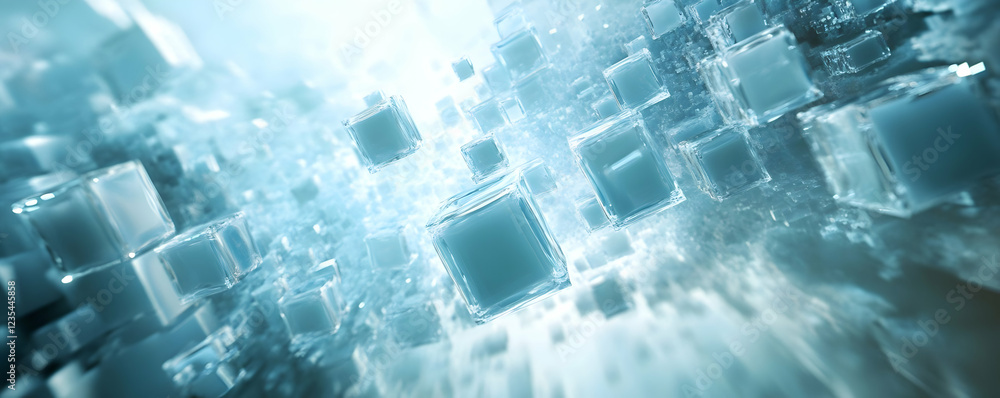 Poster abstract representation of floating translucent cubes in a futuristic environment