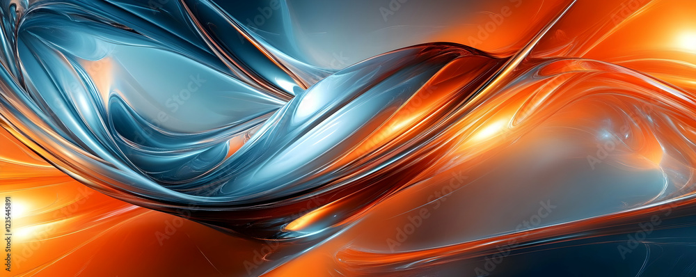 Poster abstract fluid dynamics in vibrant blue and orange hues creating a mesmerizing visual effect