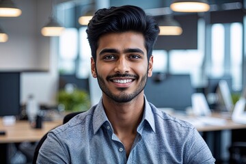 Obraz premium Crisp Portrait of a Young Indian Male in a Fashionable Shirt at an Office Workspace with a Confident Smile