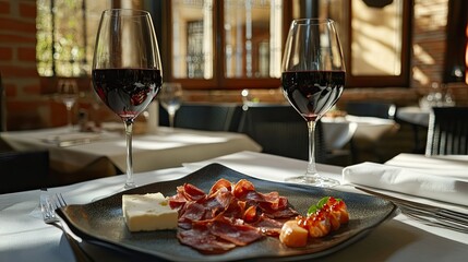 Appetizer composition featuring Iberico ham, cheese, and red wine on a rustic table, emphasizing elegance and flavor.