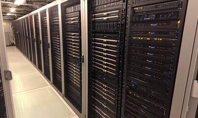 Server room with multiple racks of network servers and data storage, ideal for tech or data center themes