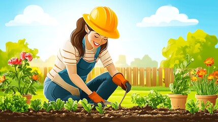 Woman Gardener Tending Her Vibrant Spring Garden