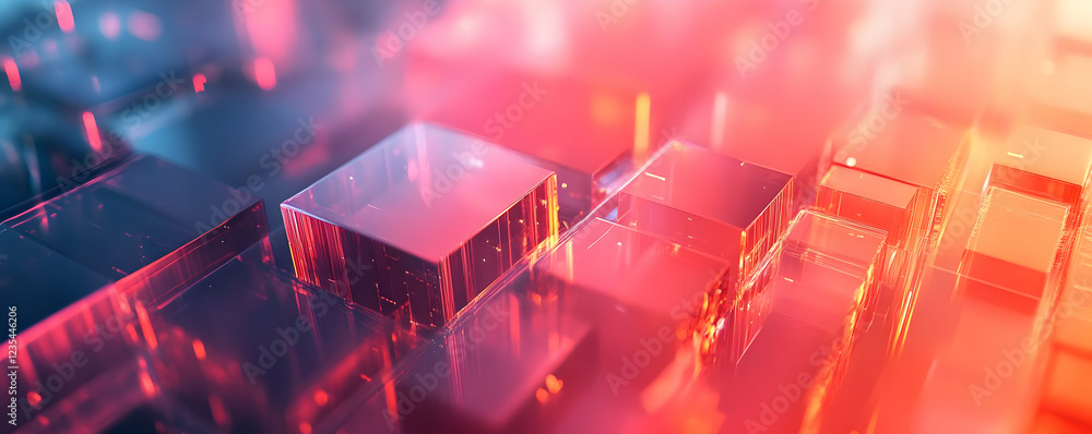 Poster abstract colorful geometric shapes with glowing edges in a digital environment