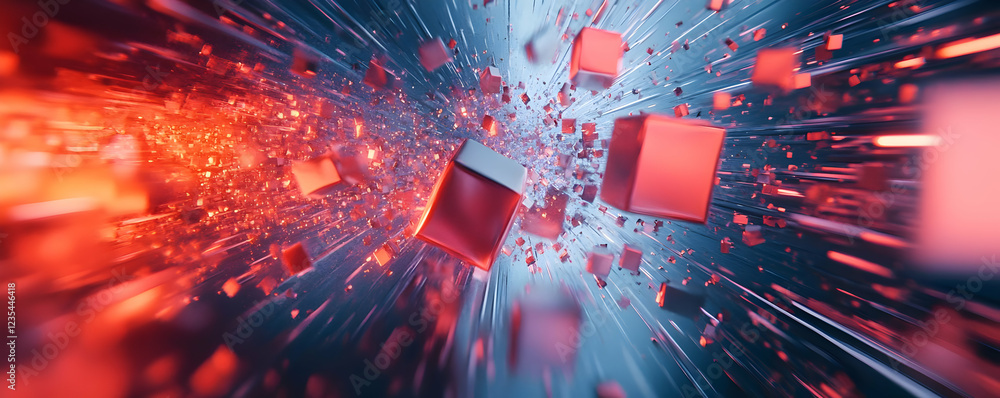 Poster abstract representation of dynamic red cubes in motion through a vibrant background