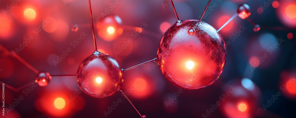 Poster close-up view of glowing red molecular structures in a vibrant background
