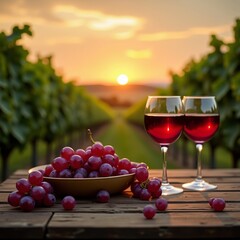 A glass of red wine with grapes on a vineyard table
