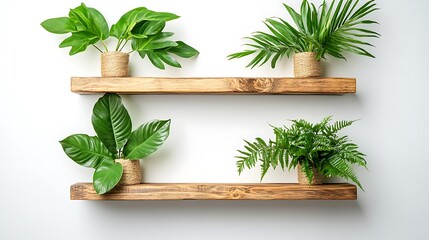 Lush green plant arrangement on wooden shelves indoor space aesthetic view
