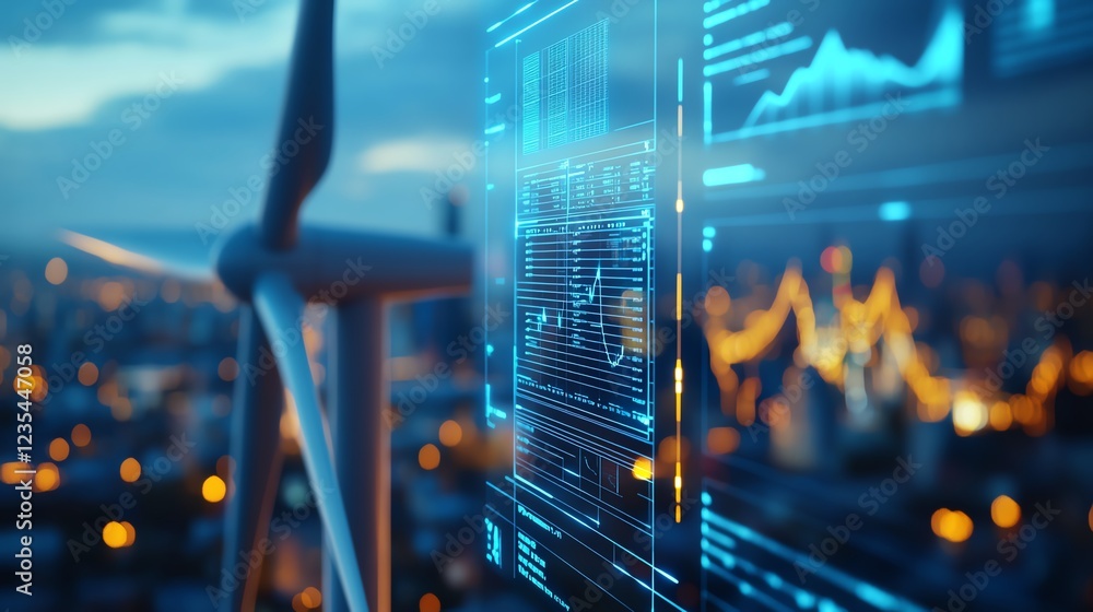 Poster Detailed closeup of a wind turbine with a digital display of realtime performance data and alternative energy metrics in the background
