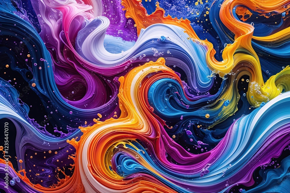 Poster kaleidoscopic brushstroke ribbons swirling in dynamic abstract splash creations with vivid fluid pat