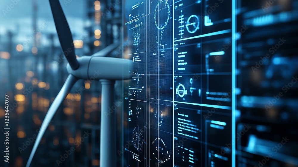 Fototapete Detailed closeup of a wind turbine with a digital display of realtime performance data and alternative energy metrics in the background