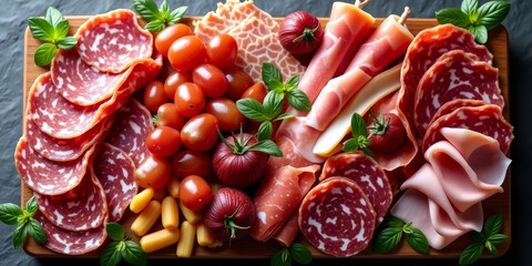 A colorful assortment of cured meats, fresh vegetables, and herbs