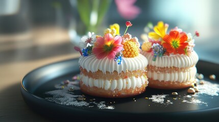 Close-up of two beautifully decorated pastries with bright, intricate toppings on a black plate, highlighting their elegance.