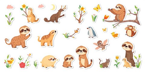 Cute sloth set funny vector illustration for print posters sticker kit, cartoon, kit, collection