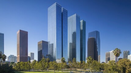Contemporary urban skyline with reflective glass skyscrapers and sleek office buildings under a clear blue sky.