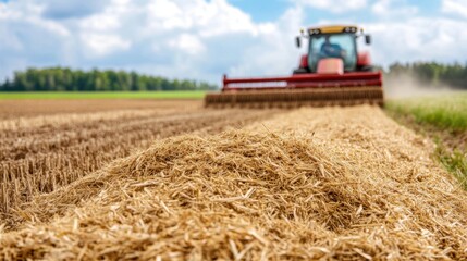 Agricultural Harvesting Machine Working on Straw Field Under Bright Sky and Green Forest Background
