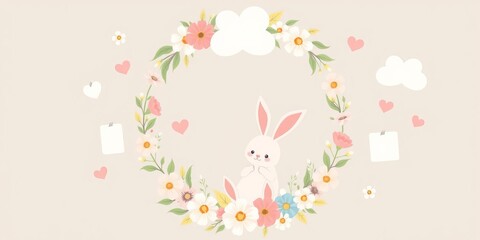 Cute vector pastel cards set for baby room decoration with bunny head, floral wreath, rainbow, hearts, cloud, flowers in flat cartoon style, vector, floral wreath, pastel