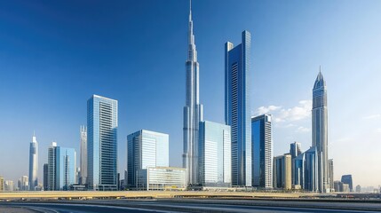 Naklejka premium Contemporary urban skyline with reflective glass skyscrapers and sleek office buildings under a clear blue sky.
