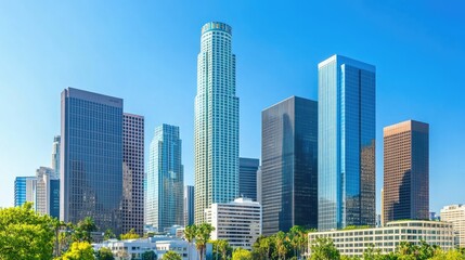 Contemporary urban skyline with reflective glass skyscrapers and sleek office buildings under a clear blue sky.