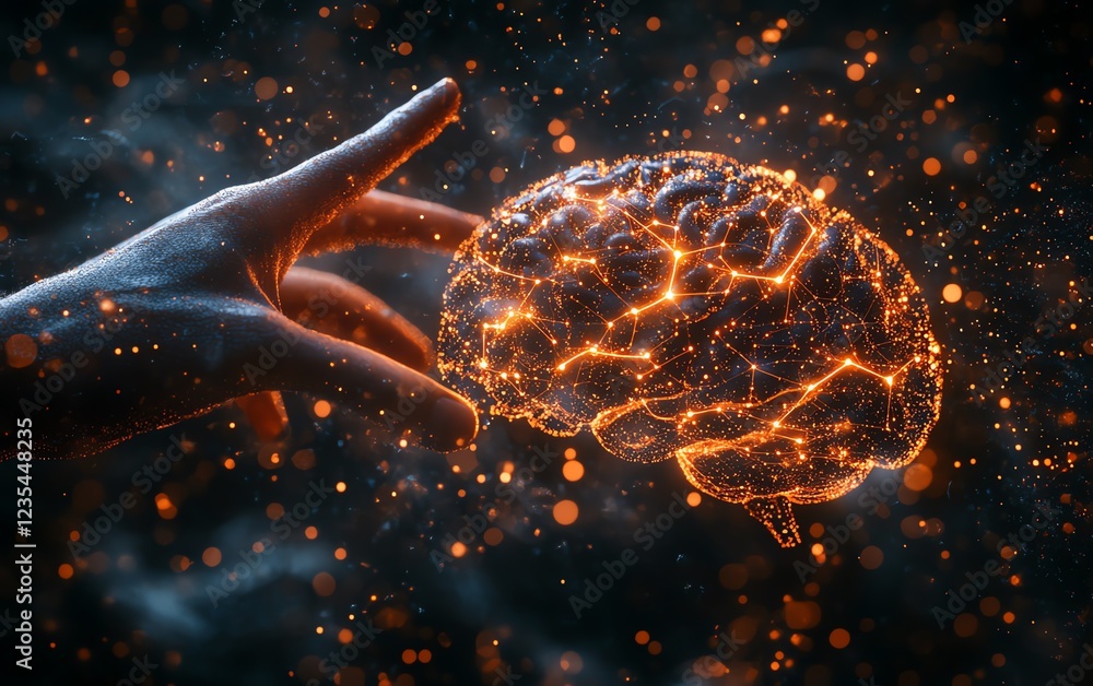 Leinwandbilder a hand interacting with glowing neural pathways and a brain, symbolizing the advancement of deep lea