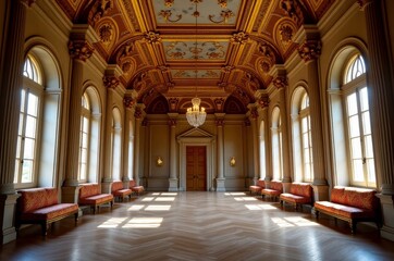 Obraz premium A grand, ornate room with a chandelier and red couches