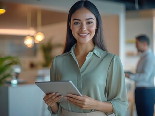 Confident Businesswoman Holding a Tablet in Modern Office. Smiling businesswoman in a green blouse holding a tablet in a bright, modern office environment.