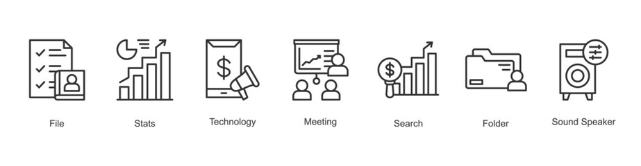 Cooperation Interaction Icon Meeting, File, Stats, Technology, Search, Folder, Sound Speaker