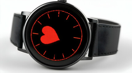 Red Heart Digital Watch Illustration: Modern Minimalist Black Leather Wristwatch Design