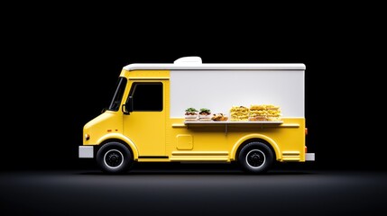 Fototapeta premium Yellow food truck selling burgers, fries, and snacks
