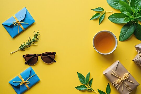Relaxing Yellow Layout with Gift Envelopes, Herbal Tea Cup, and Sunglasses for Father's Day Celebration
