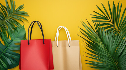 Two shopping bags with black and white handles on vibrant yellow background, surrounded by green tropical leaves, create fresh and inviting shopping theme