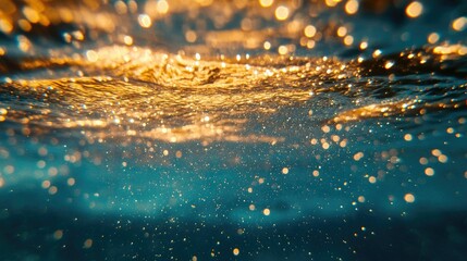 Naklejka premium Elegant close-up of gold glitter flowing underwater with soft lights and a dreamy holiday ambiance, perfect for a luxury-inspired background.