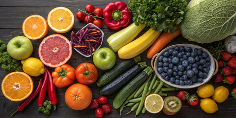 Fresh Vegetables and Fruits on a Dark Wooden Background