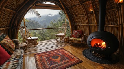 Cozy Bamboo Cabin with Mountain View and Fireplace
