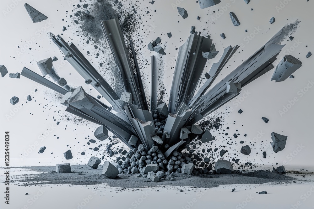 Poster muted dark grey chalk particles creating a powerful explosion effect on smooth white surface