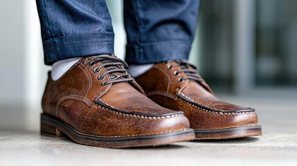 Man's brown leather shoes, city background
