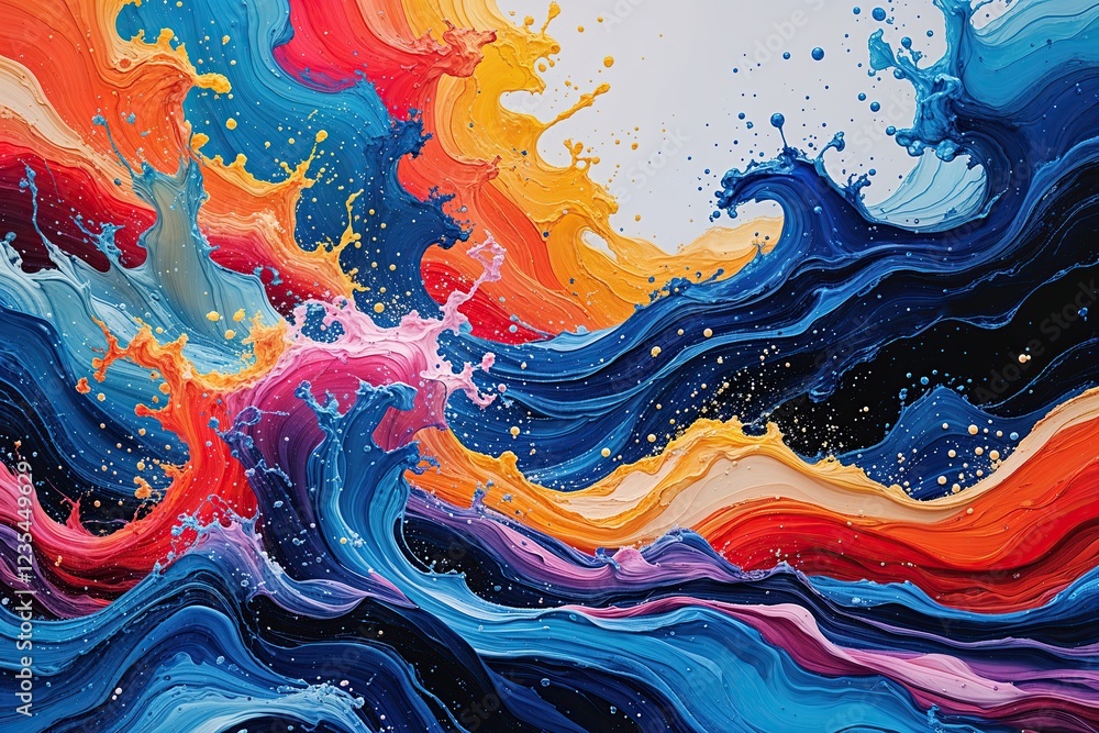 Poster Dynamic Abstract Color Splash Landscape with Fluid Ribbon Brush Strokes and Textured Acrylic Waves