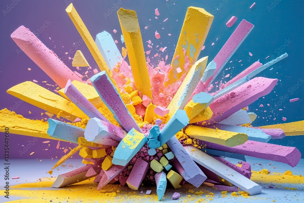 Poster luminous chalk fragments creating a striking explosion effect on bright canvas