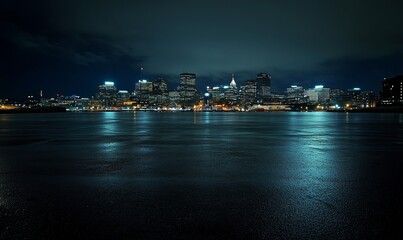 Wet pavement reflecting city lights at night