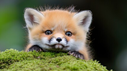Obraz premium Adorable red fox kit peeking from moss, forest background, wildlife photography