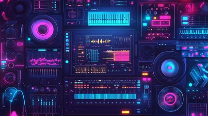 Fototapeta premium Neon Synthwave Music Production Studio Equipment Collage