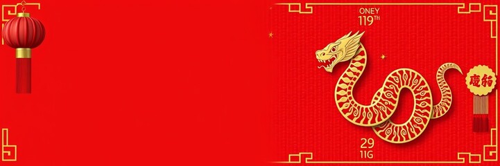 Obraz premium Golden snake silhouette in the shape of the zodiac sign on a vibrant red background for Chinese New Year greeting card design, card, symbol, festive