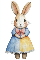 Obraz premium Animal in fancy outfit in watercolor painting, A fluffy rabbit in a pastel dress, high fidelity image, perfect for whimsical and cute-themed projects.